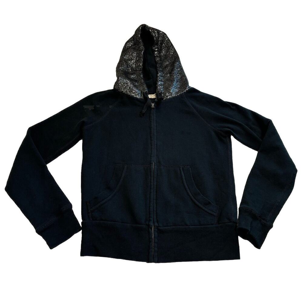 VTG Ralph Lauren Black Sequin Hooded Zip Up Sweater Y2K 00’s Grunge Indie Size S